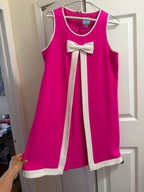 CeCe Bright Hot Pink A-Line Dress with White Trim and Bow
